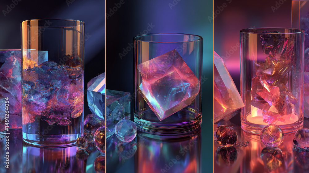 Poster holographic glass cylinder in different angle view, icons set 3d render. iridescent geometric shapes