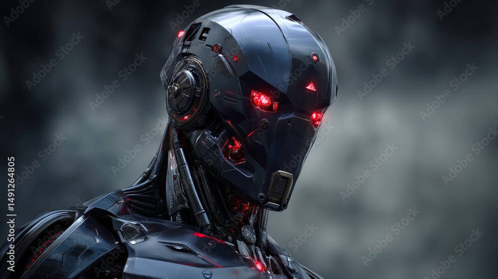 Poster head of cyborg with red luminous eyes. science fiction helmet with a shiny dark metal. robot with ar