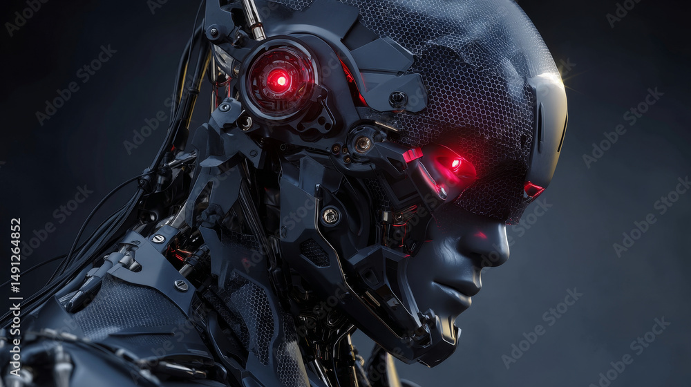 Poster head of cyborg with red luminous eyes. science fiction helmet with a shiny dark metal. robot with ar