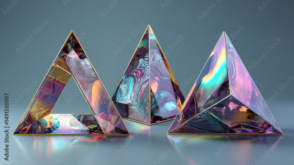 Poster glass or crystal triangle in different angle view, 3d render. abstract figure of geometric shape wit