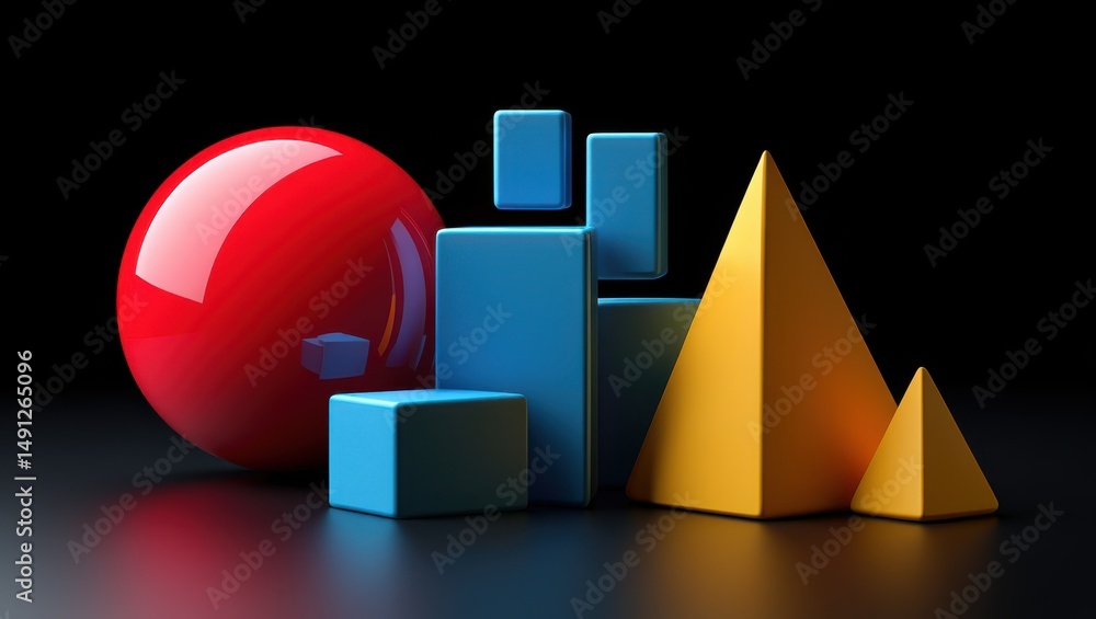 Poster colorful geometric shapes in vivid red blue and yellow interact dynamically set against a sleek blac