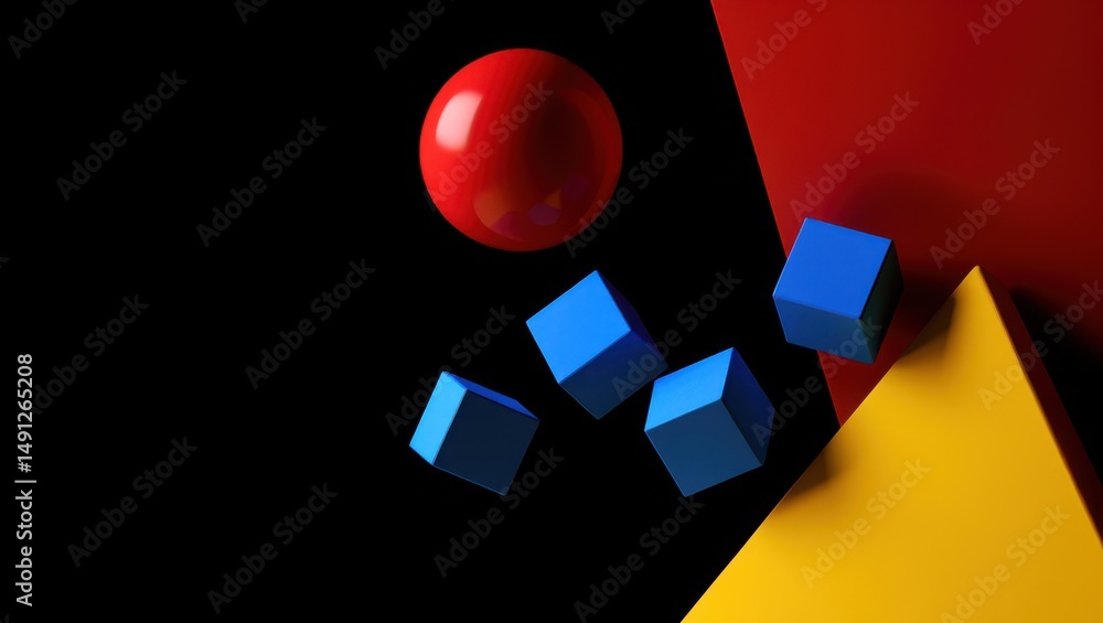 Poster dynamic arrangement of a red sphere and blue cubes suspended in the air above bold yellow and red su