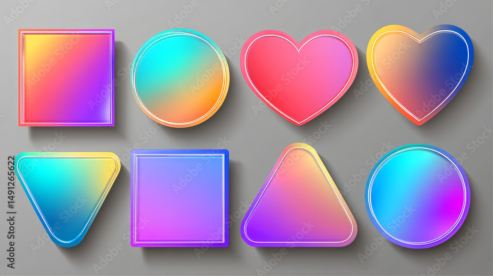 Poster 3d holographic stickers with iridescent gradient texture. realistic set of blank rectangular, round,