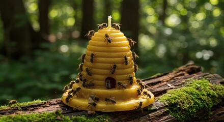 Bees Gathering Around Hive Candle on Mossy Log in Forest