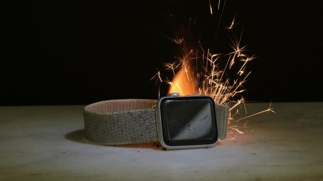The smart watch caught fire on the table - a massive explosion of battery and sparks, a symbol of technological danger. - Powered by Adobe