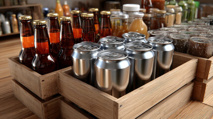 Tin cans in plastic wrap and wooden box full glass bottles beer, front and angle view. Mockup of metal jars in transparent pack and wood crate with alcohol drinks on white background. 3D Illustration