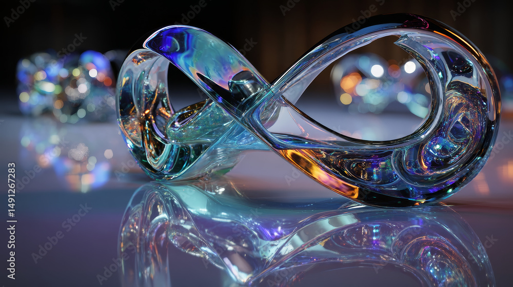 Poster 3d crystal light holographic glass figures in shape of infinity render. abstract geometric transpare