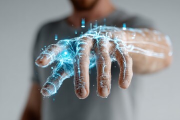 Man using futuristic gesture control interface, advanced technology, white background