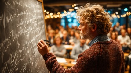 Professor Teaching Complex Equations in a Classroom Setting with Engaged Students