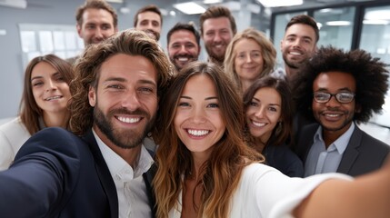 Fototapeta premium A diverse group of business professionals smiling and taking a selfie after a dynamic brainstorming session at a modern corporate conference