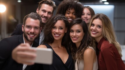 Obraz premium A mixed-gender, multicultural business group posing for a cheerful selfie in front of a presentation screen at a corporate event