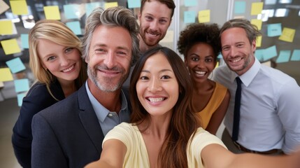 Business colleagues from different cultures taking a selfie in front of brainstorming notes and post-it walls at a corporate retreat