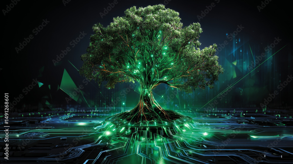 Aufkleber green technology concept of digital environment in futuristic polygonal style. glowing neon tree on 