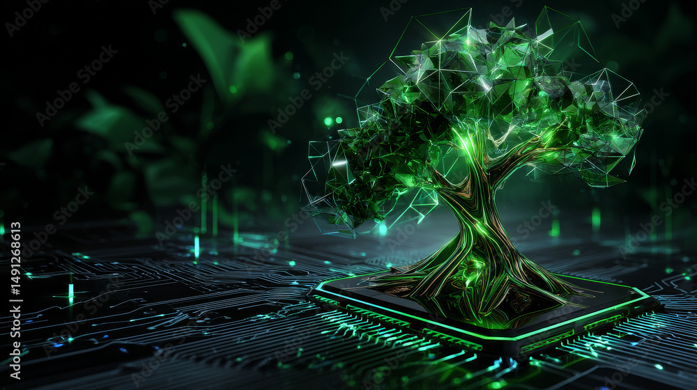 Aufkleber green technology concept of digital environment in futuristic polygonal style. glowing neon tree on 