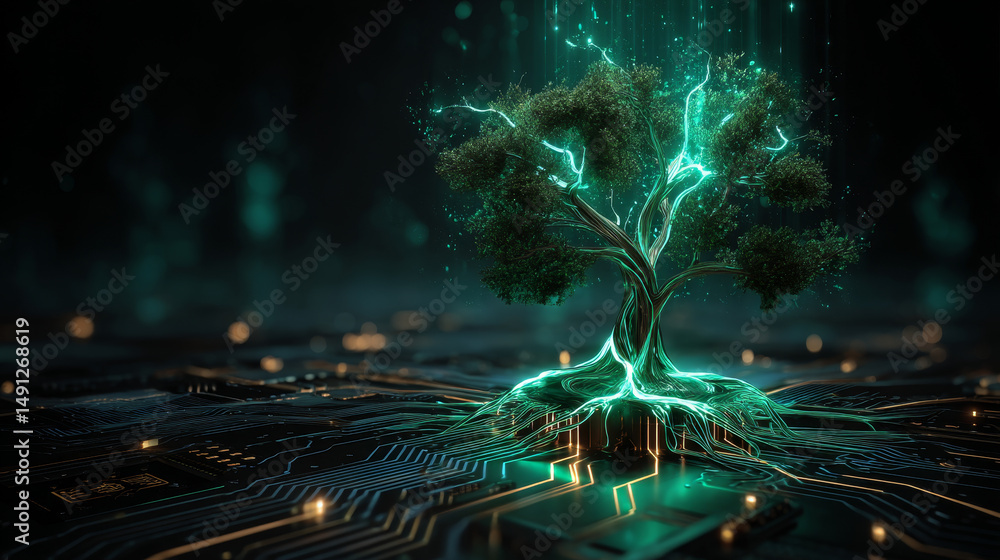 Aufkleber green technology concept of digital environment in futuristic polygonal style. glowing neon tree on 
