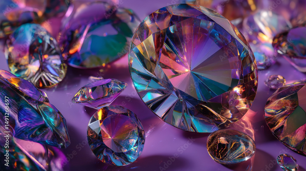 Poster glass circular disks with rainbow effect of light refraction from prism or crystal 3d render. clear 