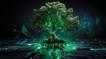 Green technology concept of digital environment in futuristic polygonal style. Glowing neon tree on the background of circuit board. Vector illustration of future tech growth and development