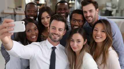 Obraz premium Smartly dressed professionals of different ethnicities huddled together for a selfie post-workshop in a collaborative business space