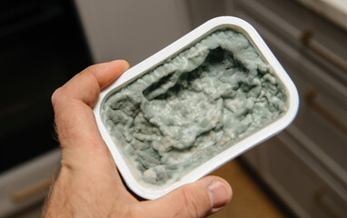 A hand holds an opened container of heavily molded spreadable cheese originally meant for bread,...
