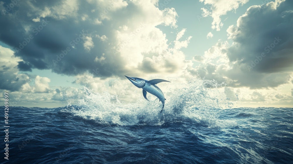 Poster a majestic marlin leaps from the ocean, creating a dramatic splash against a backdrop of a cloudy sk