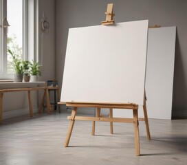 Sturdy easel base and legs, large blank canvas in focus ,  atelier,  photography,  frame