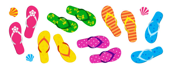 Flip flop and sea shell, beach sandal, summer slipper set, colorful sand shoe border, pool footwear pattern, cartoon rubber flipflop top view isolated on white background. Fun vector illustration