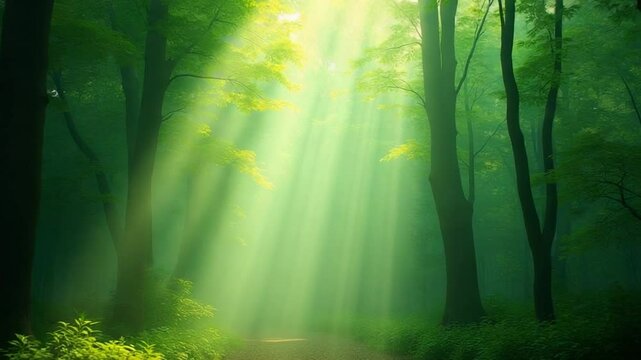 Green forest with ray of light