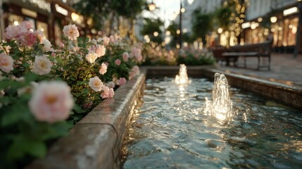 Serene Garden Fountain with Blooming Flowers and Sparkling Water Jets