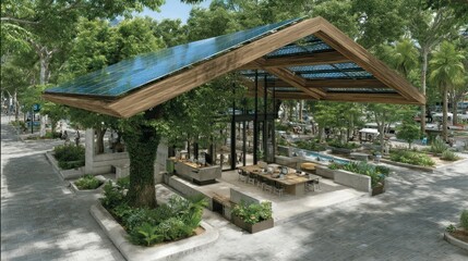 Modern SolarPowered Pavilion in a Lush Green Park with Outdoor Seating and Sustainable Design