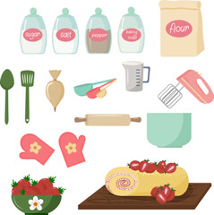 Set for baking. Spices in jars, flour in a bag. Mixer and pastry bag. Measuring spoons, rolling pin and pastry spatulas. Pastry - sweet roll with cream and strawberries. Bowl with fresh berries