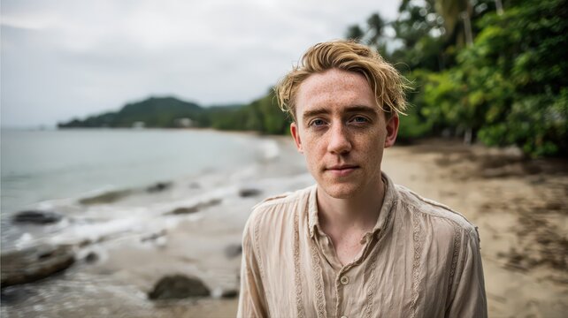 Young Man With Freckles and Tied-Back Hair at a Serene Beach Landscape with Ocean View