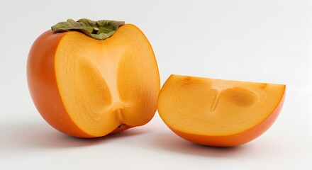 Side profile of a ripe orange persimmon showcasing its plump form and detailed green calyx, artfully lit on a plain white surface.