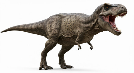 Naklejka premium Roaring Tyrannosaurus rex in 3D, detailed texture and natural colors on white background.