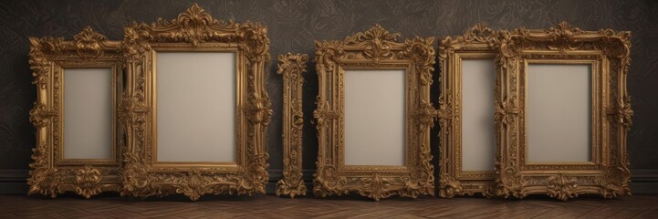 Ornate frames, varying sizes, against rich damask ,  baroque,  antique