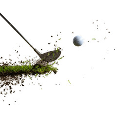 A golf club hitting a ball with dirt and grass flying on a transparent background