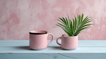 A pink flower in a brown pot sits on a white table near a teacup, suggesting a fresh spring morning