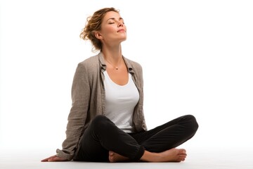 Female wellness coach guiding relaxation techniques, stress reduction, white background