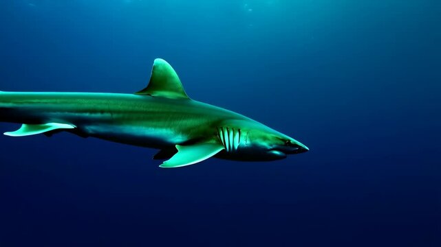 A thresher shark glides effortlessly through the deep blue ocean water, its distinctive long tail trailing gracefully behind it in the underwater environment.