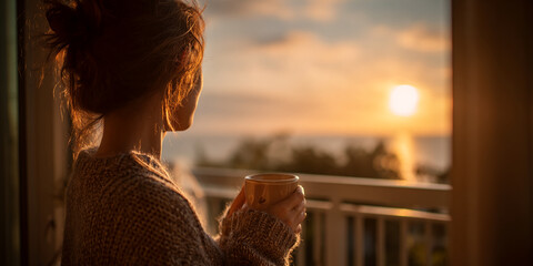 Woman in warm sweater enjoys sunrise with a mug, serene view from balcony, conveying peace and contemplation, ideal for calmness or relaxation themes