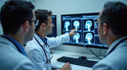 Doctors analyzing brain scans on monitors in modern medical facility
