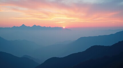 Obraz premium Serene sunrise over mountain ridges with layered horizon and soft glowing sky