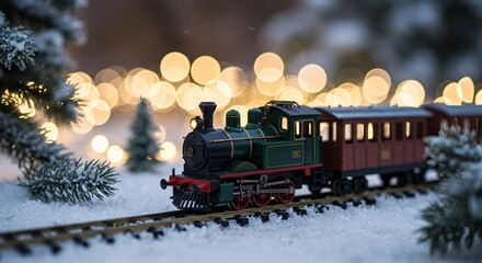 Miniature train on snowy tracks with bokeh lights creates a festive winter scene