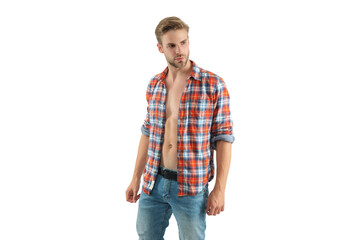 Male casual style. Caucasian casual guy. Handsome and sexy model. Man in shirt with naked torso...