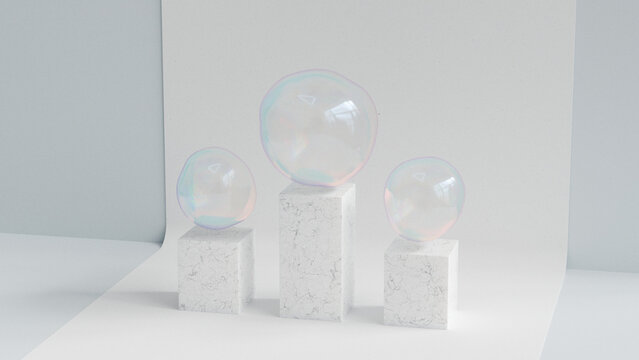 Soap bubbles on marble podiums or pedestals, 3d render