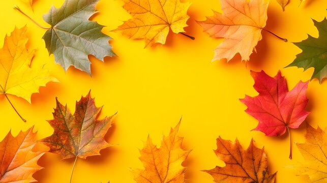 Autumn Maple Leaves Frame Yellow Background Fall