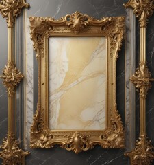 Intricate gold frame, polished marble, refined engraving ,  richness,  refined
