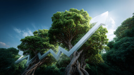 Economic graph chart and eco or ecological development concept as a group of trees coming together in the shape of an arrow pointing upwards as a success metaphor for profits and growth.