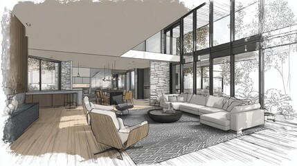 Hand drawn sketch illustrating a spacious, contemporary open plan living room design, seamlessly integrating the kitchen and dining area within a light filled space with large windows