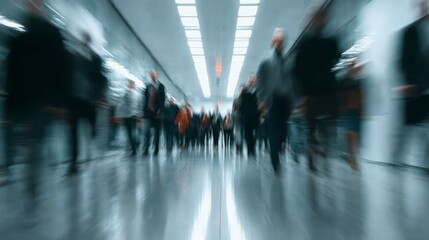 Blurred Motion of People in a Modern Corridor Capturing the Bustling Energy of Urban Life and