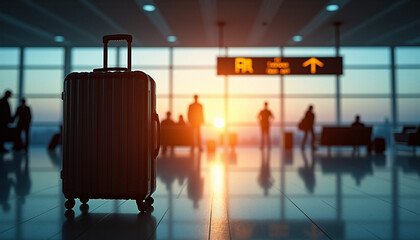 Silhouettes of Travelers in Modern Airport Terminal at Sunset